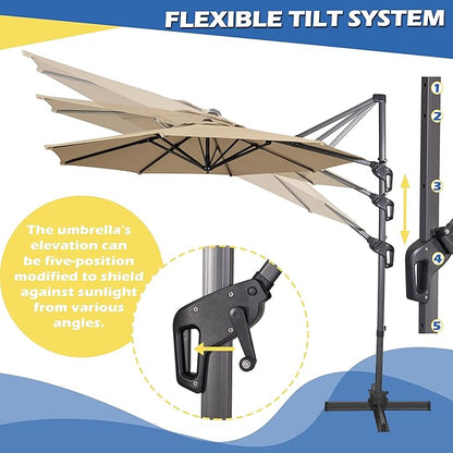 Sunnyglade 10Ft Cantilever Patio Umbrella, 360° Rotation & Integrated Tilting System Offset Umbrella with 8 Sturdy Ribs, Fade-resistant & Waterproof for Garden Backyard Poolside Deck
