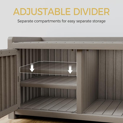Storage Bench - 2 Doors Waterproof Resin Shoe Bench with Adjustable Shelves - Indoor & Outdoor Use, Entryway Bench with Seating for Bedroom, Living Room, Hallway - Grey