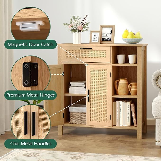 Giantex Buffet Cabinet with Storage, Boho Rattan Sideboard with 2 Doors, Drawer, 3 Open Cubbies, Adjustable Shelf, Freestanding Accent Cabinet for Kitchen,Living Room, Natural