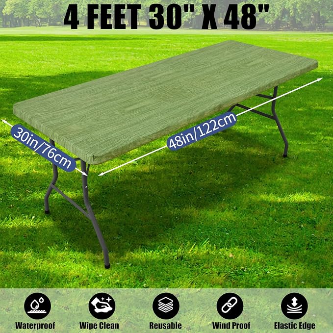Smiry 2 Pack Rectangle Table Cloth 4 Foot, Waterproof Elastic Fitted Tablecloths, Windproof Washable Polyester Table Cover for Picnic, Camping, Outdoor (Green & Black, 30"x48")