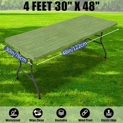 Smiry 2 Pack Rectangle Table Cloth 4 Foot, Waterproof Elastic Fitted Tablecloths, Windproof Washable Polyester Table Cover for Picnic, Camping, Outdoor (Green & Black, 30"x48")