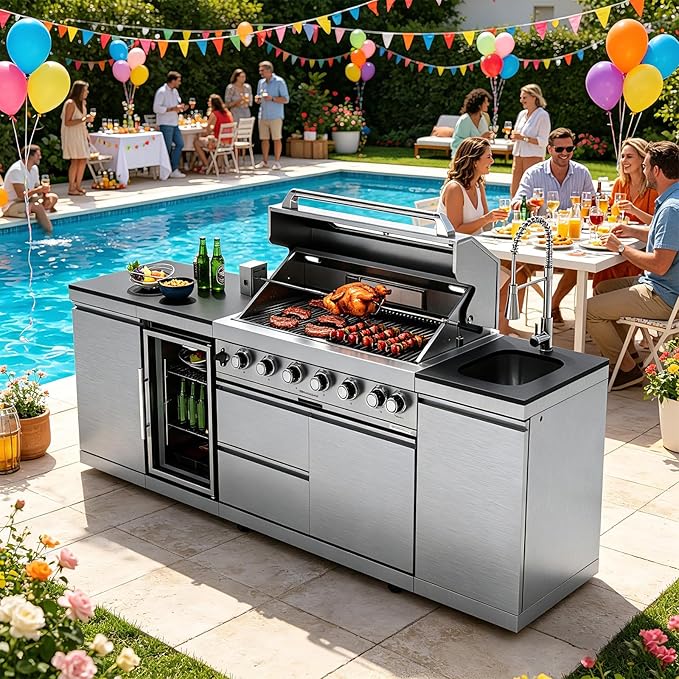 Outdoor Kitchen Island, 85,000 BTU 6 Main Burners, 304 Stainless Steel Propane Gas Grill, Prefab BBQ Island Station with Rotisserie Kit, 68L Fridge, Sink & Granite Countertops