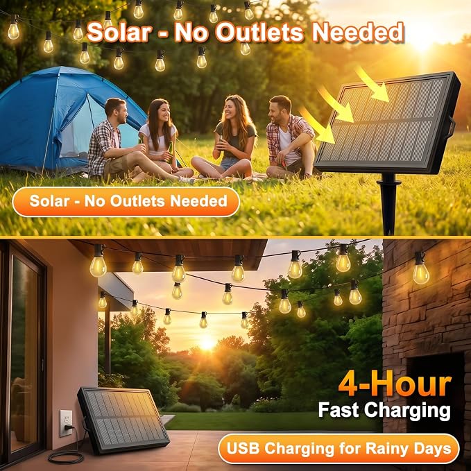 20FT Solar String Lights Outdoor Waterproof IP65, Shatterproof with LED Bulbs Long Last for 20+Hrs,USB & Solar Powered Patio Lights for Backyard, Porch, Garden, Wedding, Christmas,Party Decor