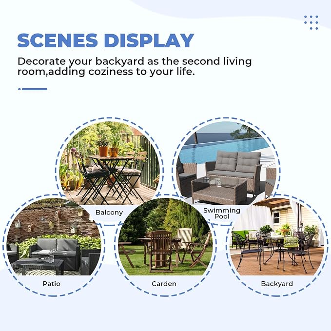 DANGHOOGY Wicker Chair Cushions, Waterproof Outdoor Loveseat Cushions for Patio Furniture, Tufted Wicker Furniture Cushions, 1 Loveseat and 2 U-Shaped Cushions (Blue Rose)