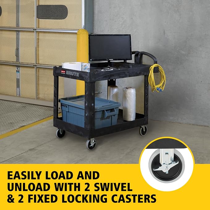 Rubbermaid Commercial Products BRUTE Heavy Duty 2-Shelf Utility/Service Cart, Medium, Lipped Shelves, Ergonomic Handle, 750 lb Capacity, Black, for Warehouse/Garage/Cleaning/Office