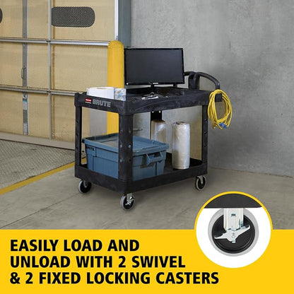 Rubbermaid Commercial Products BRUTE Heavy Duty 2-Shelf Utility/Service Cart, Medium, Lipped Shelves, Ergonomic Handle, 750 lb Capacity, Black, for Warehouse/Garage/Cleaning/Office