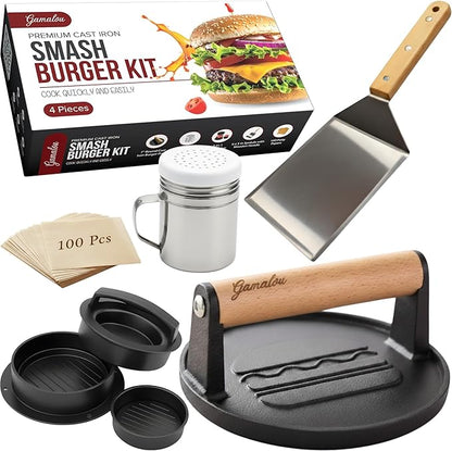 Gamalou® Smash Burger Press Kit: 7” Cast Iron Flat Press, 3-in-1 Hamburger Maker, 6x5” Spatula, Dredge Shaker & 100 Patty Papers for BBQ, Blackstone Griddle, Flat Top, Grill & Frying Pan