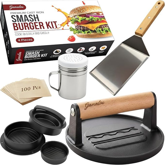Gamalou® Smash Burger Press Kit: 7” Cast Iron Flat Press, 3-in-1 Hamburger Maker, 6x5” Spatula, Dredge Shaker & 100 Patty Papers for BBQ, Blackstone Griddle, Flat Top, Grill & Frying Pan