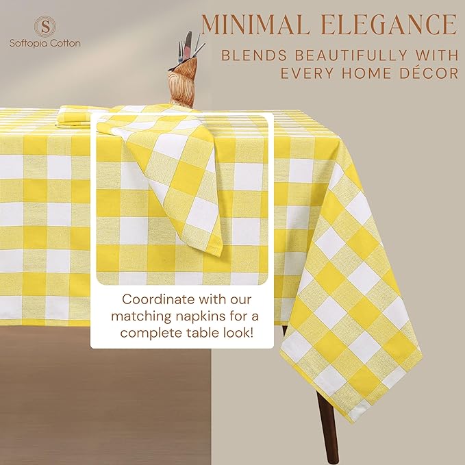 Lemon Yellow and White Buffalo Check Tablecloth, 60x84 Inches, Plaid Dining Table Cover, 100% Cotton, Washable, Reusable Table Linen for Holiday Gatherings, Wedding and Everyday Décor