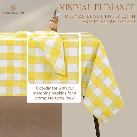 Lemon Yellow and White Buffalo Check Tablecloth, 60x84 Inches, Plaid Dining Table Cover, 100% Cotton, Washable, Reusable Table Linen for Holiday Gatherings, Wedding and Everyday Décor