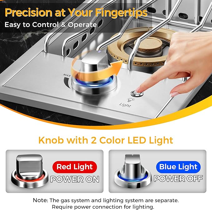 Grilling Side Burners for Outdoor Kitchen,18,000BTU Nature Gas Side Burner Convertible to Liquid Propane, Duty Heavy 304 Stainless Steel, Single Burner for BBQ Island Grill, Gold