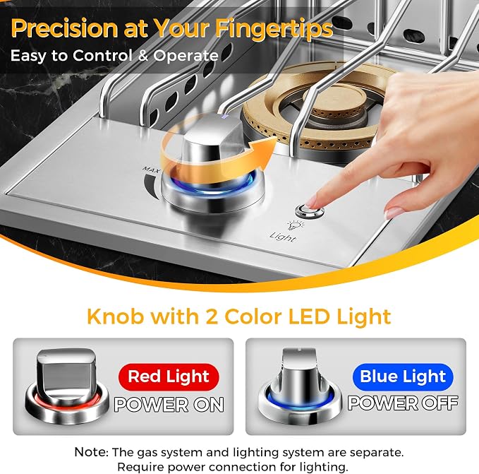Grilling Side Burners for Outdoor Kitchen,18,000BTU Liquid Propane Side Burner Convertible to Nature Gas, Duty Heavy 304 Stainless Steel, Single Burner for BBQ Island Grill, Gold