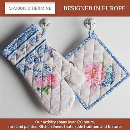 Maison d' Hermine 100% Cotton Oven Mitt & Pot Holder Set (7.5"x13" & 8"x8") Heat Resistant BBQ Cooking Gloves with Loop Baking Grilling Kitchen Hotel Home Farmhouse Spring Summer (Canton)