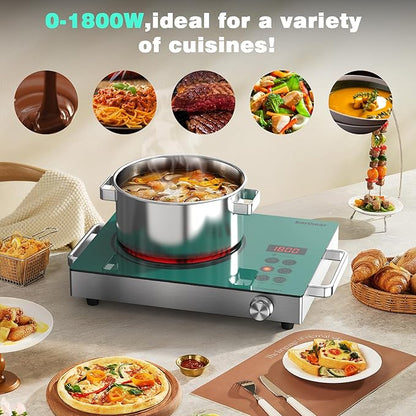 Karinear Portable Electric Stove 110V, 1800W Electric Hot Plate with Handle, Knob Control Single Burner Electri Cooktop, Ceramic Infrared Countertop Burner, Timer, Safety Lock(Green)