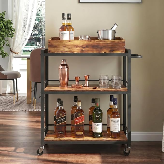 3-Tier Rolling Bar Cart with Removable Tray for Home Kitchen | Rolling Wheels with Handle, 3-Tier Storage, Removable Serving Tray, Sturdy Frame, Multi-Purpose for Kitchen & Bar Use