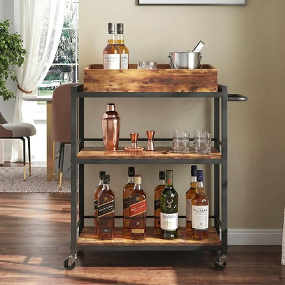 3-Tier Rolling Bar Cart with Removable Tray for Home Kitchen | Rolling Wheels with Handle, 3-Tier Storage, Removable Serving Tray, Sturdy Frame, Multi-Purpose for Kitchen & Bar Use