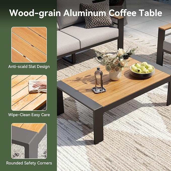 Aoxun Patio Furniture Set, 4 Piece Aluminum Patio Sets with 5" Thicken & Washable Cushion, Waterproof Outdoor Furniture with Coffee Table, Outdoor Couch Sectional for Backyard, Porch and Garden