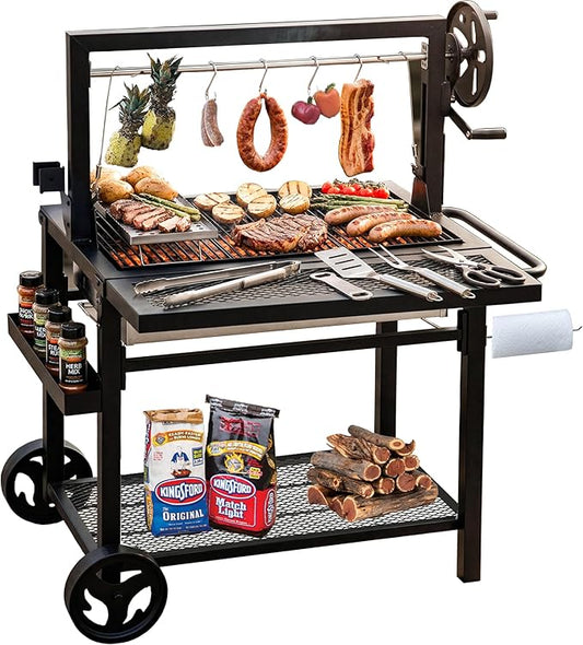 Argentine Santa Maria Grill, Wood Fire & Charcoal BBQ Grill with Adjustable Height Grates, Argentinian Open Fire Grill with S-Hooks and Foldable Front Table for Outdoor Patio Backyard Gaucho Grilling