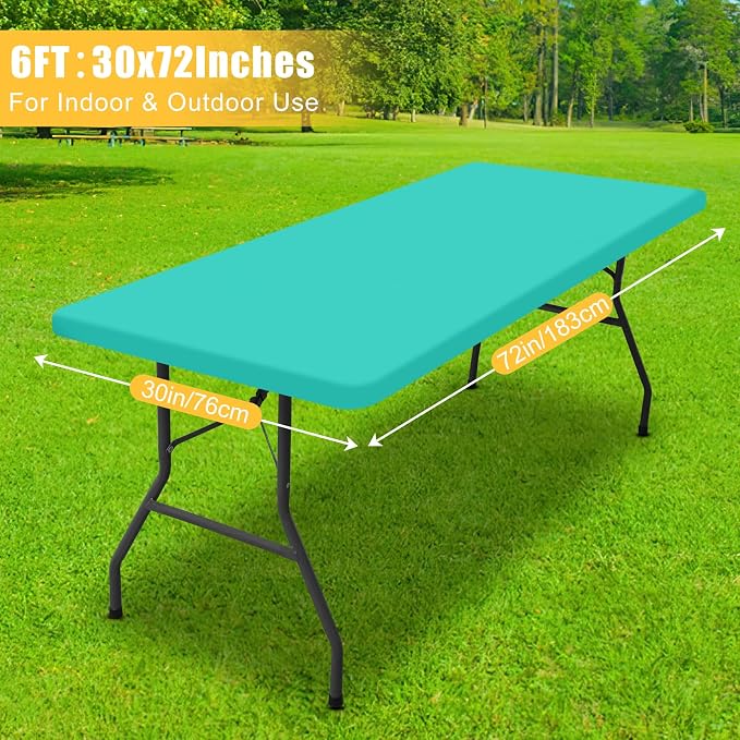 Rectangle Table Cloth, Waterproof Elastic Fitted Tablecloth for 6 Foot Folding Tables, Washable Polyester Tablecloths for Picnic, Camping, Outdoor (Aqua, 30"x72")