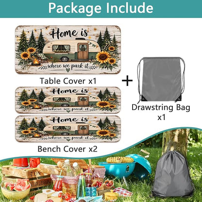 Picnic Table Cover with Bench Covers, Camping Essentials, RV Forest Sunflower Wooden Tablecloth Waterproof Windproof Elastic Fitted Tablecloths for 6ft Rectangle Tables Indoor & Outdoor 3 PCS 30x72 IN
