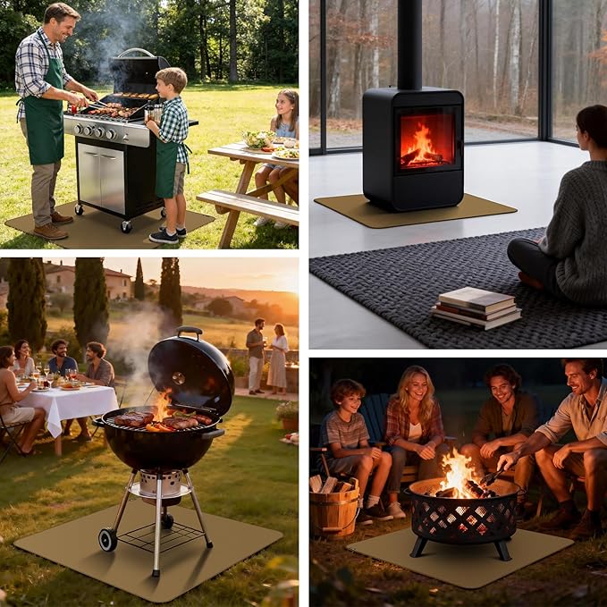 FLASLD Heavy-Duty Under Grill Mat 42inch Square Fire Pit Mat,3 Layers Fireproof Waterproof Grill Pads Protect for Deck,Patio,Outdoor Charcoal,Smokers,Wood Floor,Indoor Brown Fireplace Reusable