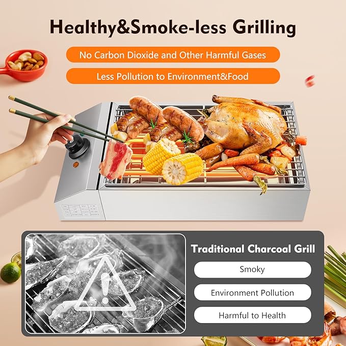Countertop Electric BBQ Grill, 1800W Commercial Electric BBQ Grill Outdoor with Adjustable Temperature Range Practical Tray and Portable Commercial Non-Stick Barbecue Griddle Rack for Domestic Party
