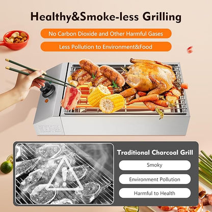 Countertop Electric BBQ Grill, 1800W Commercial Electric BBQ Grill Outdoor with Adjustable Temperature Range Practical Tray and Portable Commercial Non-Stick Barbecue Griddle Rack for Domestic Party