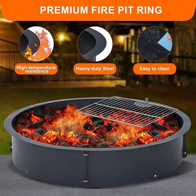 32" Outdoors Camping Firepit Ring, Wood Burning Fire Pits, Round Heavy Duty Firepits Ring with Tongs for Outdoor Park, Backyard