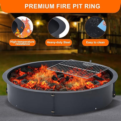 32" Outdoors Camping Firepit Ring, Wood Burning Fire Pits, Round Heavy Duty Firepits Ring with Tongs for Outdoor Park, Backyard