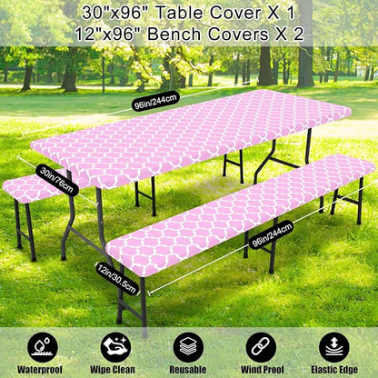 Smiry Picnic Table Cover with Bench Covers, Waterproof Elastic Fitted Tablecloth for 8 Foot Tables, Washable Polyester Tablecloths for Camping, Indoor & Outdoor (Pink, 30x96 Inch 3-pc Set)