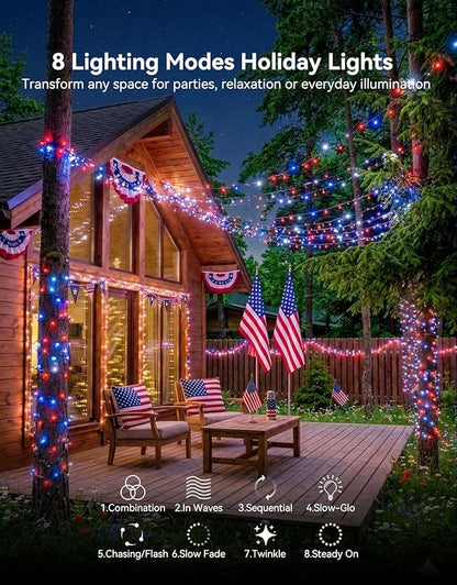 LitHome 4th of July Decorations Outdoor Waterproof, 99FT 300 LED String Lights Outdoor Red White and Blue, 8 Modes String Lights with Timer & Memory for Independence Day Tree Holiday Party