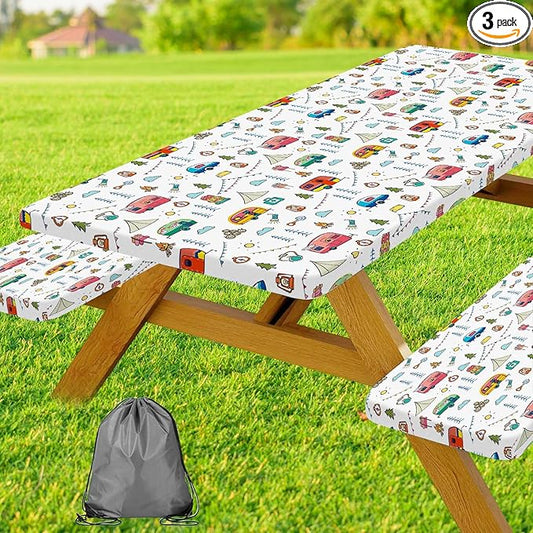 Picnic Table Cover with Bench Covers, Colorful Cartoon Camping Icons Elastic Edges, Waterproof Windproof Fitted Tablecloth, for Outdoor Camping Patio Garden, Includes Drawstring Bag, 72 in