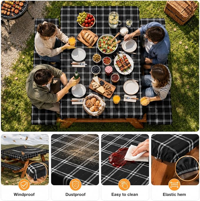 Emwwat Picnic Table Cover with Bench Covers, Waterproof Elastic Corner Fitted Tablecloth for 6 Foot Rectangle Tables, Washable Camping Table Cover Set for Picnic Outdoor BBQ (Black, 72in)