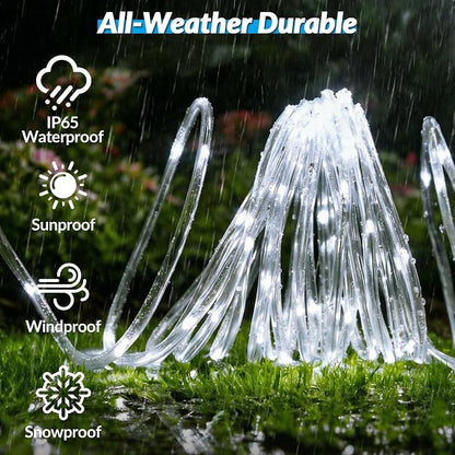 Solar Rope Lights, 33FT 100 LED Solar Fairy Lights with 8 Lighting Modes, IP65 Waterproof Strip Light Outdoor for Garden Yard Patio Deck Fence Tree Party Holiday Decoration, Cold White