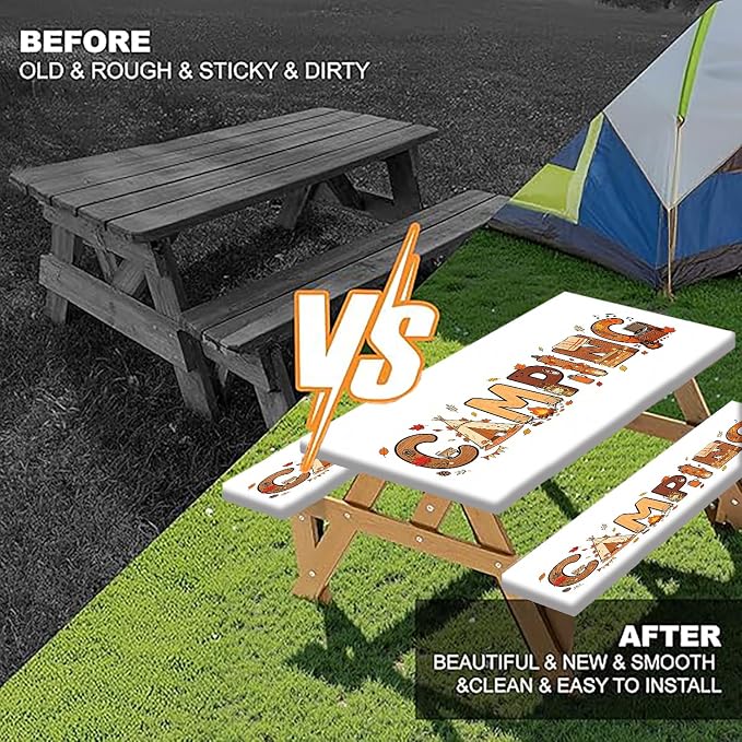 Camping Fitted Picnic Table Cover with Bench Covers 3PCS, 30x60 Inch Waterproof Elastic Outdoor Patio Tablecloth & Storage Bag, Fall Autumn Camping Essentials Decor for Camp, Backyard, RV, Party