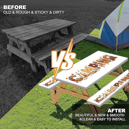 Camping Fitted Picnic Table Cover with Bench Covers 3PCS, 30x60 Inch Waterproof Elastic Outdoor Patio Tablecloth & Storage Bag, Fall Autumn Camping Essentials Decor for Camp, Backyard, RV, Party