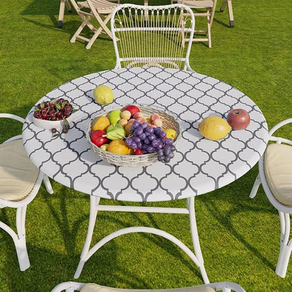 Romanstile Round Fitted Vinyl Tablecloth with Elastic Edge 100% Waterproof | Table Covers for 57"- 68" Tables, Wipeable Flannel Backed Plastic Table Cloths for Dinner Picnic Camping, WhiteMoroccan