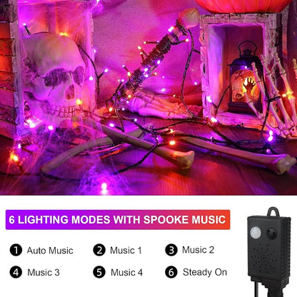 Halloween Lights, 105FT 300 LED Halloween String Lights | With Spooky Music Twinkle Waterproof Purple Orange Light Plug in for Indoor Outdoor Tree Party Yard Room Decor