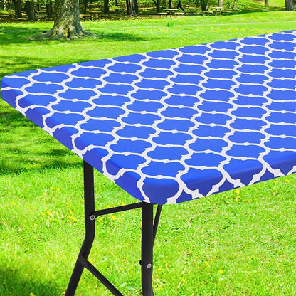 Smiry Picnic Fitted Table Cover, 6 Foot Flannel Backed Vinyl Tablecloth | Waterproof Elastic Stretch Table Cloth, Wipeable Plastic Tablecloth for Camping, Indoor & Outdoor (Blue, 24" x 72")