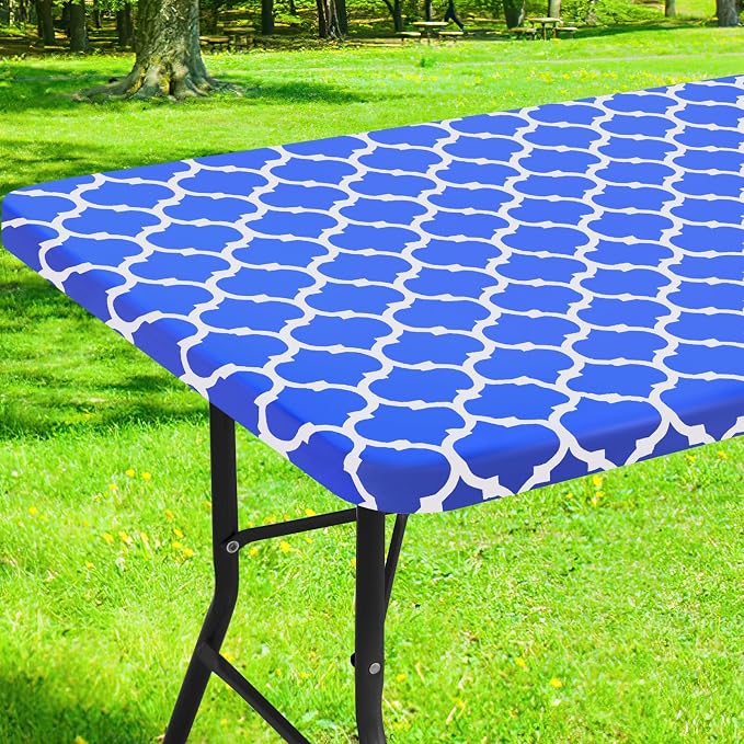 Smiry Picnic Fitted Table Cover, 6 Foot Flannel Backed Vinyl Tablecloth | Waterproof Elastic Stretch Table Cloth, Wipeable Plastic Tablecloth for Camping, Indoor & Outdoor (Blue, 42" x 72")