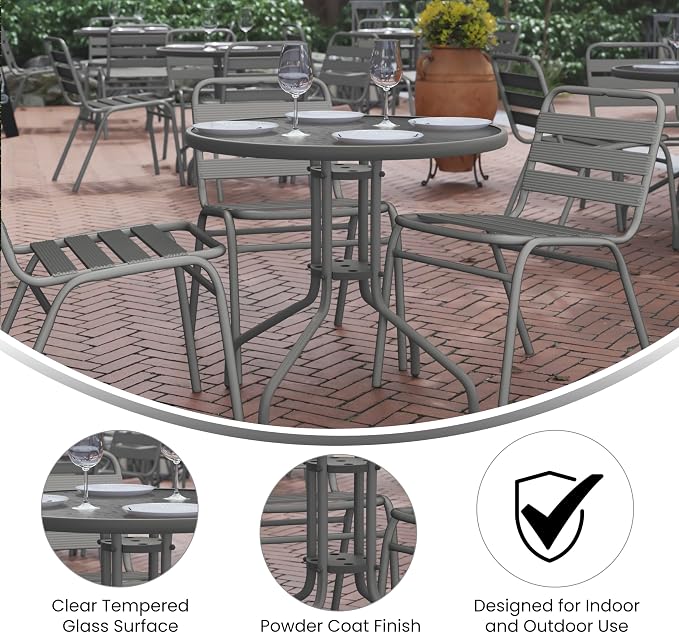 Flash Furniture 31.5 in Metal Round Table, Silver | Tempered Glass Top