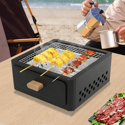 Portable Charcoal Grill, Small Tabletop BBQ Grill Household Barbecue Stove, Legs Foldable Barbeque Grill Set w/Charcoal Basin Furnace Body Baking Tray Grill Mesh, for Outdoor Camping and Picnics