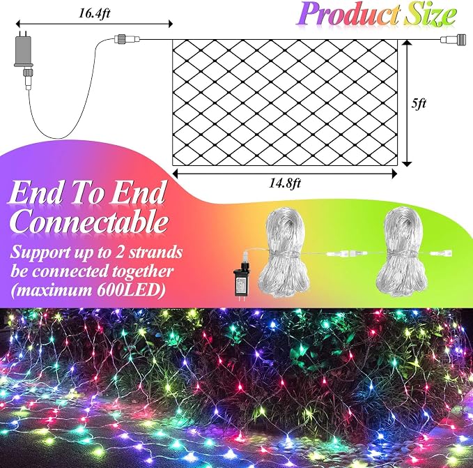 LitHome 14.8FT x 5FT Christmas Net Lights Outdoor Mesh Lights Connectable | 8 Modes 300 LED Waterproof Multicolor Christmas Mesh Light for Bushes, Garden, Backyard, Xmas, Holiday Decor, Clear Wire