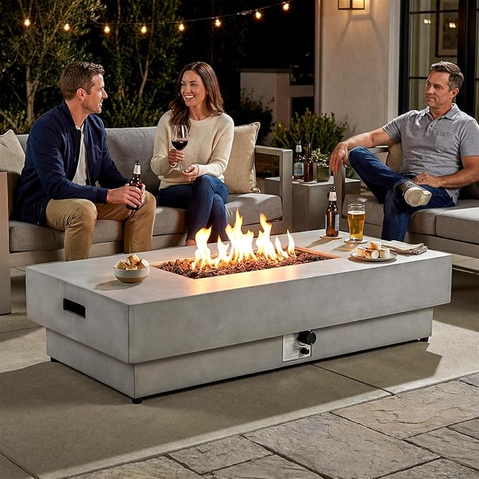 60-inch Outdoor Propane Fire Pit Coffee Table with Tank Cover, 50,000 BTU Concrete Rectangle Modern Outside Fire Table, Auto-Ignition, Included Lava Rocks, Metal Lid & Waterproof Cover
