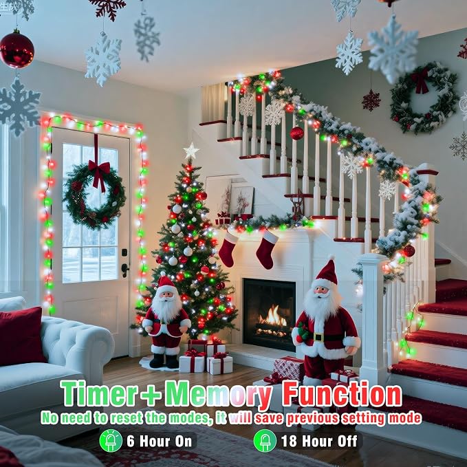 300 LED Christmas Lights Outdoor Indoor 100FT String Lights Indoor Clear Wire 8 Modes Plug in Twinkle Fairy Lights for Bedroom Christmas Tree Party Decorations, Red White&Green