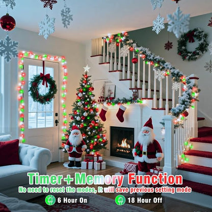 300 LED Christmas Lights Outdoor Indoor 100FT String Lights Indoor Clear Wire 8 Modes Plug in Twinkle Fairy Lights for Bedroom Christmas Tree Party Decorations, Red White&Green