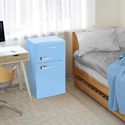 West Bend Mini Fridge with Freezer for Bedroom, Office, Bar or Dorm Room, Retro Compact Refrigerator features Glass Shelves, Manual Defrost and Adjustable Temperature Control, 3.1-Cu.Ft., Blue
