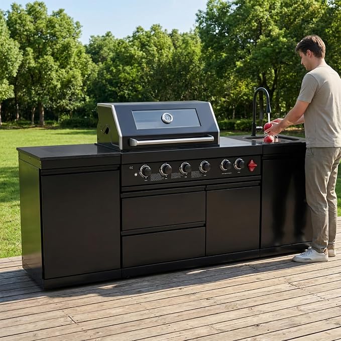 85 Inch 4-Burner 72000 BTU Deluxe Stainless Steel Propane Gas Outdoor Kitchen Bar Barbecue Island Grill,Marble Countertops,Storage Cabinets & Drawers,Stainless Steel Sink,Faucet