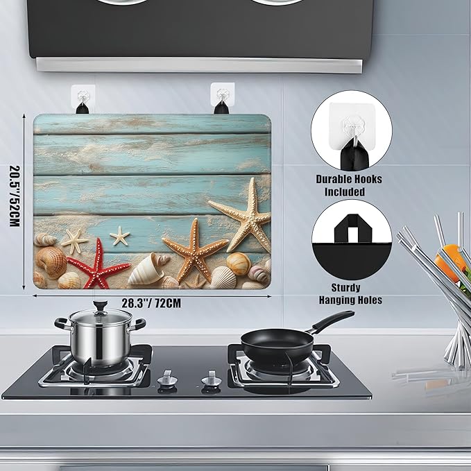 Electric Stove Top Cover,Beach Starfish Stove Cover for Glass Top Electric Stove,Blue Wood Board Seashells Heat Resistant Flat Top Stove Mat Countertop Protector, 28 x 20 Inch