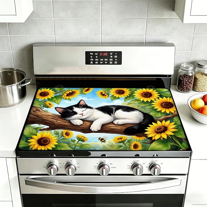 Stove Top Covers for Electric Stove,Sleeping Cat Flat Top Stove Cover,Sunflowers Heat Resistant Glass Top Stove Cover Protector Anti-Slip Range Covers, 28 x 20 Inch